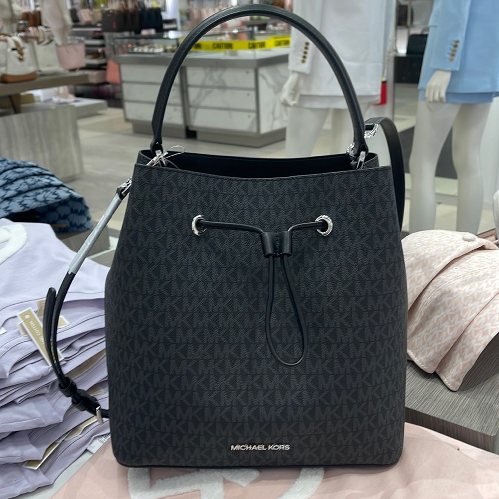 Michael Kors Suri Large Logo Bucket Drawstring Bag MK Black Multi